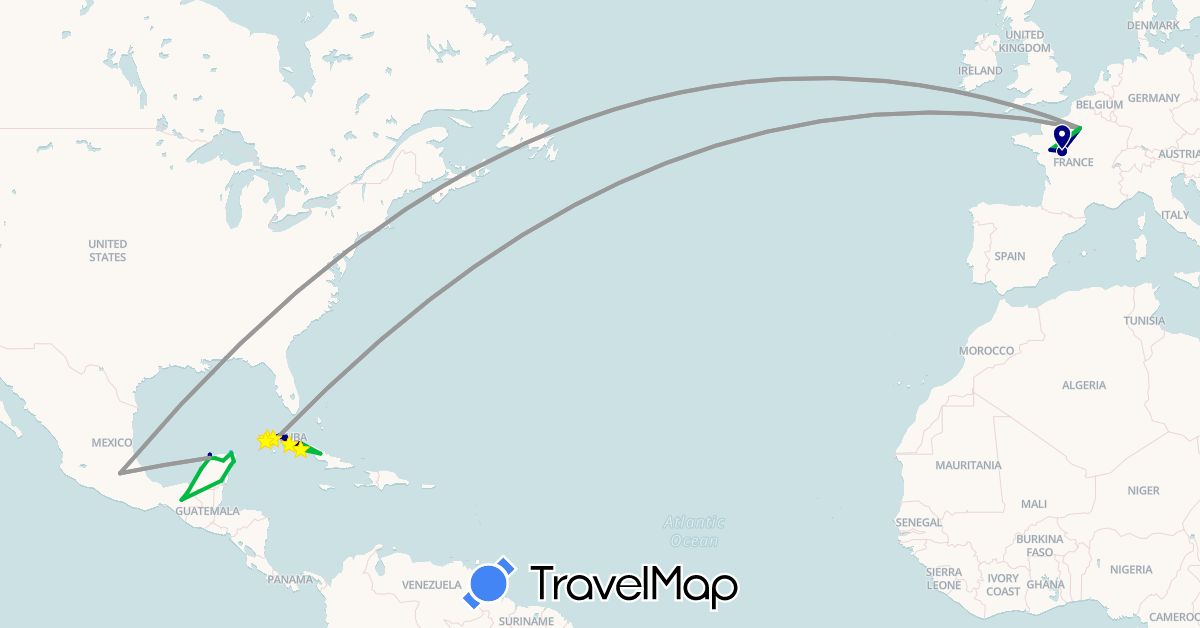 TravelMap itinerary: driving, bus, plane, cycling, hiking, boat in Cuba, France, Mexico (Europe, North America)