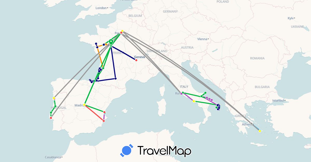 TravelMap itinerary: driving, bus, plane, cycling, train, hiking, boat, hitchhiking, colectivo in Spain, France, Greece, Italy, Portugal (Europe)